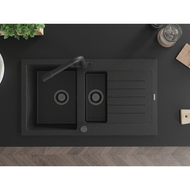 Mexen Matias fregadero de granito de 1,5 senos con escurridor y grifo de cocina Duero, negro/plata - 6502-73-671600-70-B