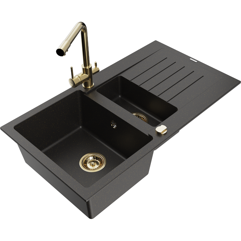 Mexen Matias fregadero de granito 1,5 cámaras con escurridor y grifo de cocina Duero, negro/oro metalizado - 6502-75-671600-50
