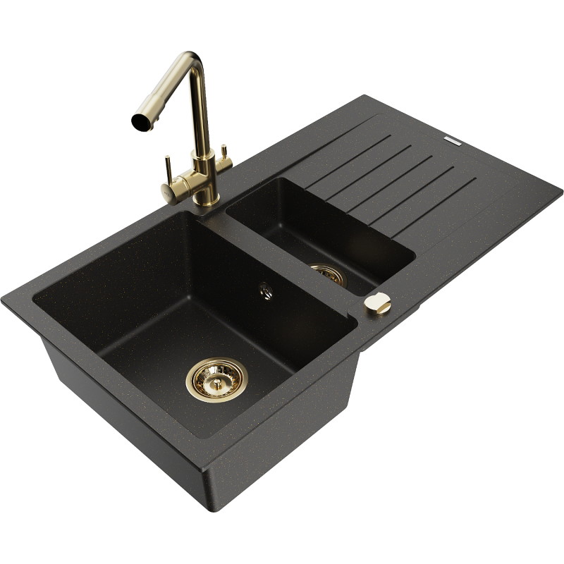 Mexen Matias granieten spoelbak 1,5-komorige met afdruiprek en keukenmengkraan Duero, zwart/gouden metallic - 6502-75-671600-50