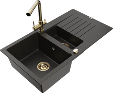 Mexen Matias granieten gootsteen 1,5-komorige met afdruiprek en keukenmengkraan Duero, zwart/goud metallic - 6502-75-671600-50
