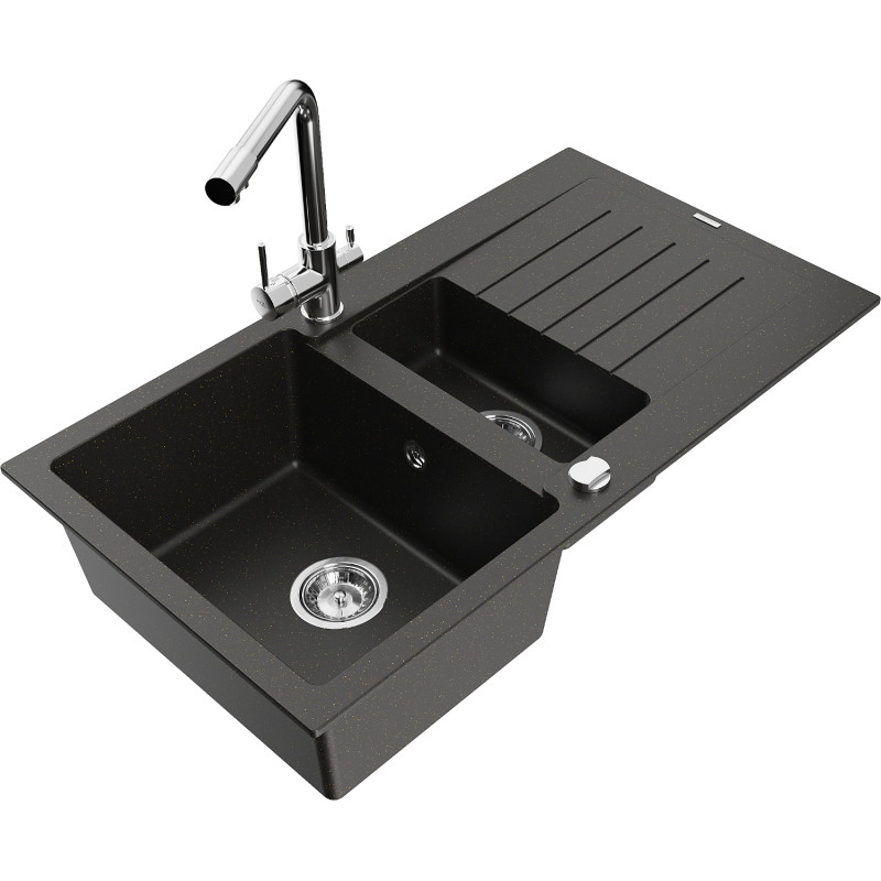 Mexen Matias granieten spoelbak 1,5-comparteer met druiprek en keukenkraan Duero, zwart/goud metallic - 6502-75-671600-00