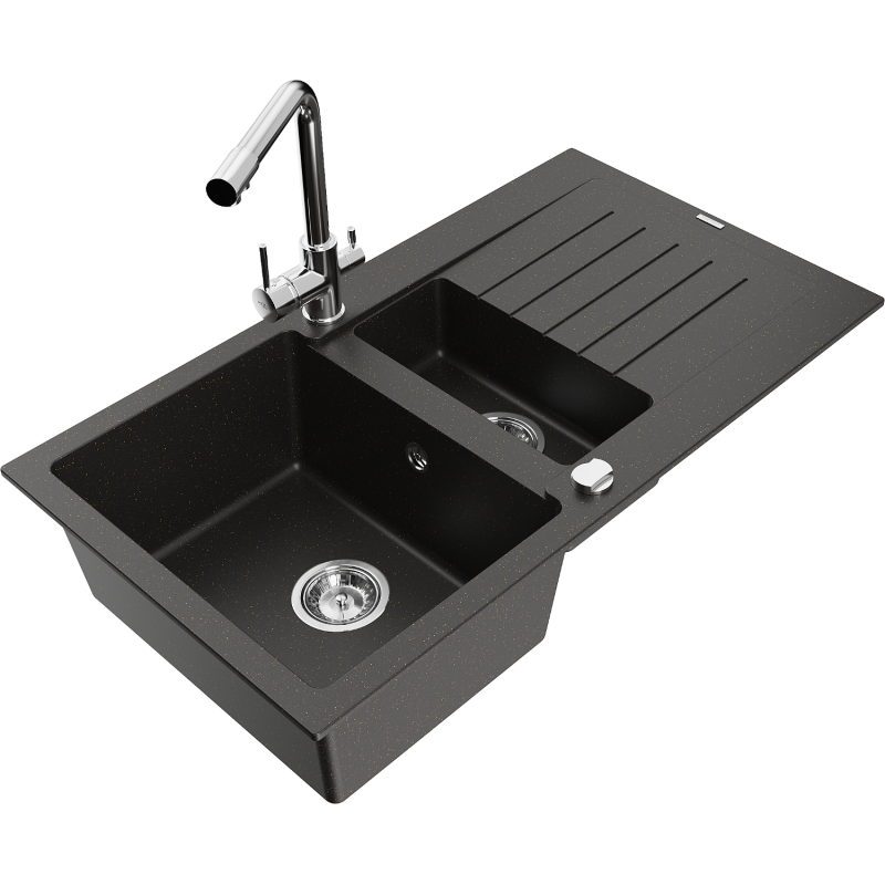Mexen Matias granitdiskbänk med 1,5 hoar, avrinningsyta och kökskran Duero, svart/guldmetallik - 6502-75-671600-00