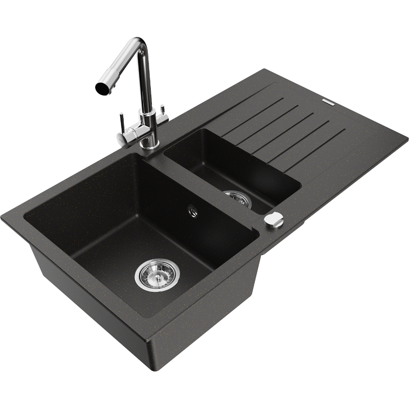 Mexen Matias lavello in granito a 1,5 vasche con scolapiatti e rubinetto da cucina Duero, nero/oro metallizzato