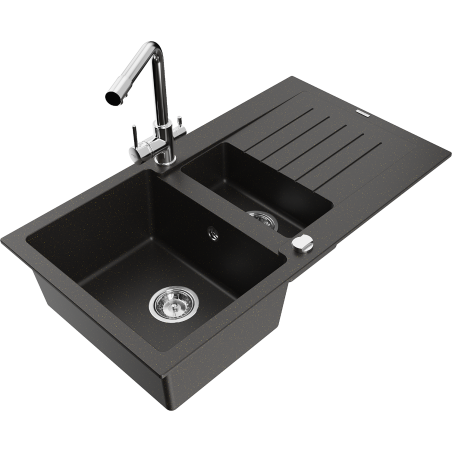 Mexen Matias granieten spoelbak 1,5-comparteer met druiprek en keukenkraan Duero, zwart/goud metallic - 6502-75-671600-00