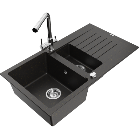 Mexen Matias lavello in granito a 1,5 vasche con scolapiatti e rubinetto da cucina Duero, nero/oro metallizzato