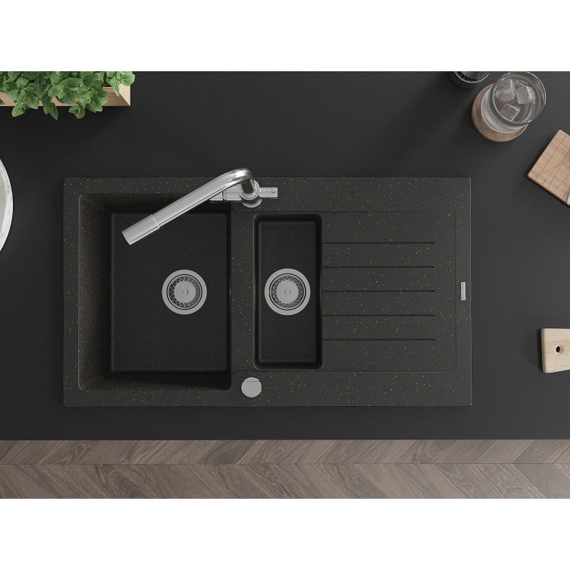 Mexen Matias lava-loiça de granito 1,5 cubas com escorredor e torneira de cozinha Duero, preto/dourado metálico