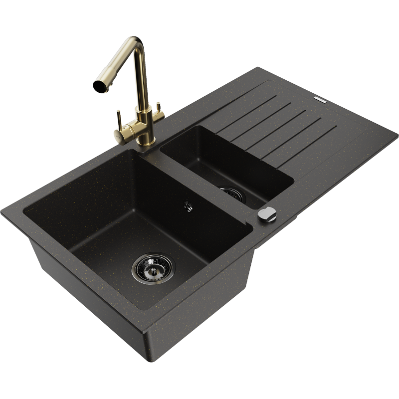 Mexen Matias lava-loiça de granito de 1,5 bacias com escorredor e torneira de cozinha Duero, preto/dourado