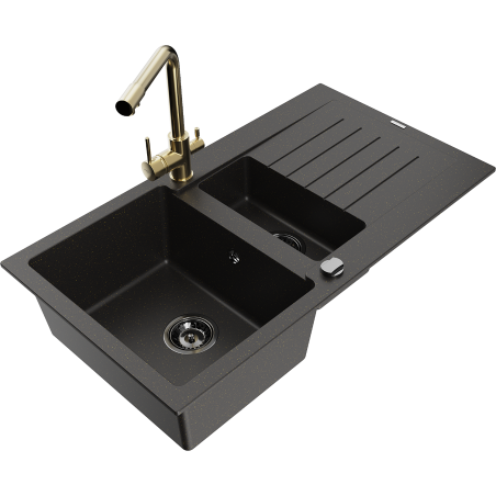 Mexen Matias fregadero de granito 1,5 senos con escurridor y grifo de cocina Duero, negro/dorado - 6502-75-671600-50-B