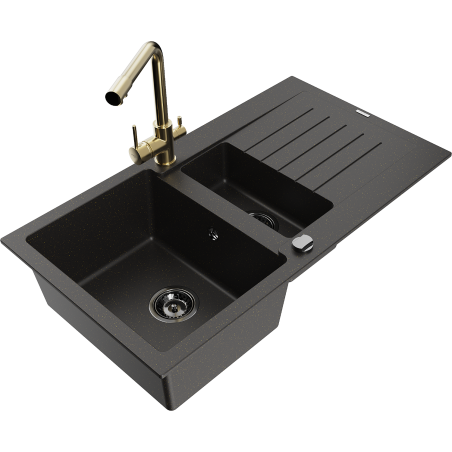 Mexen Matias granīta izlietne 1,5 nodalījumu ar noteku un virtuves jaucējkrānu Duero, melna/zeltīte - 6502-75-671600-50-B