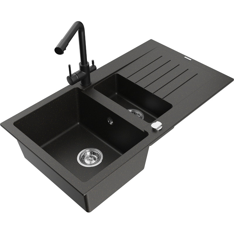 Mexen Matias granieten gootsteen 1,5-komers met afdruiprek en keukenkraan Duero, zwart/goud metallic - 6502-75-671600-70