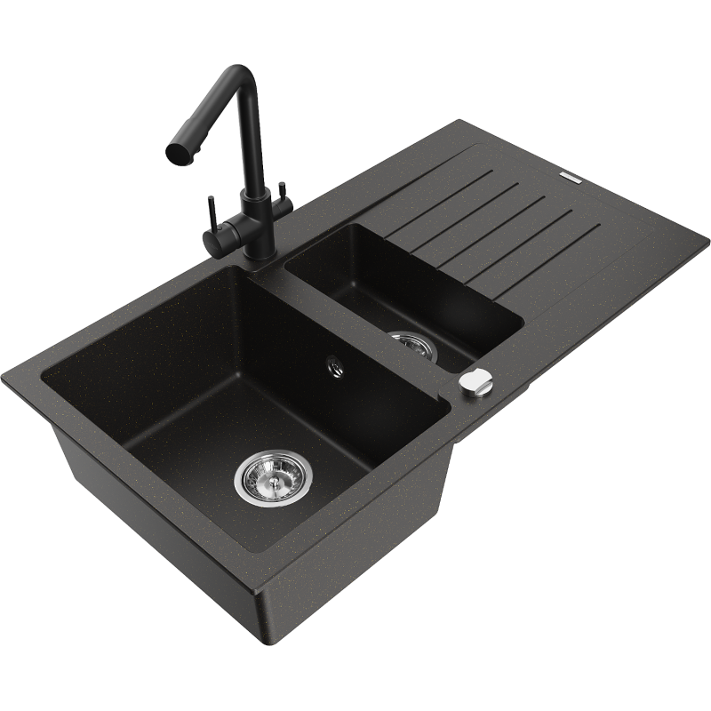 Mexen Matias granitdiskbänk 1,5-kammare med avrinningsyta och köksblandare Duero, svart/guld metallic - 6502-75-671600-70
