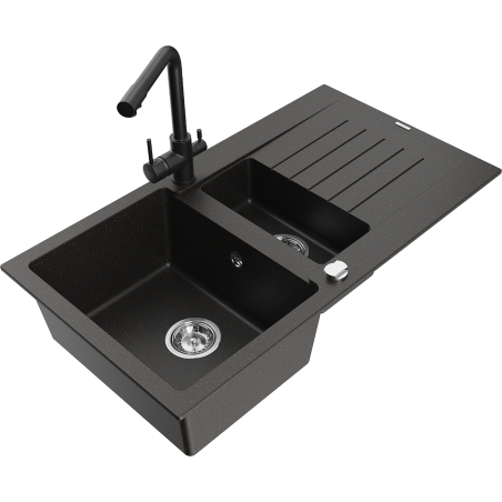 Mexen Matias granite sink 1.5-bowl with drainer and Duero kitchen tap, black/golden metallic - 6502-75-671600-70