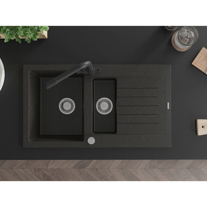 Mexen Matias granite sink 1.5-bowl with drainer and Duero kitchen tap, black/golden metallic - 6502-75-671600-70