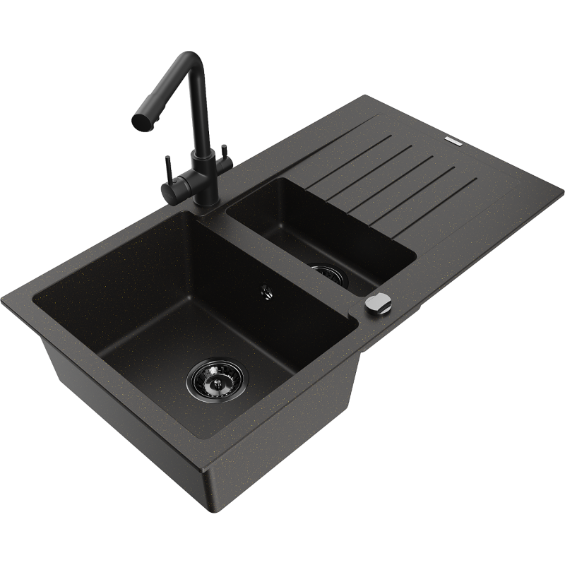 Mexen Matias fregadero de granito de 1,5 tazones con escurridor y grifo de cocina Duero, negro/dorado - 6502-75-671600-70-B