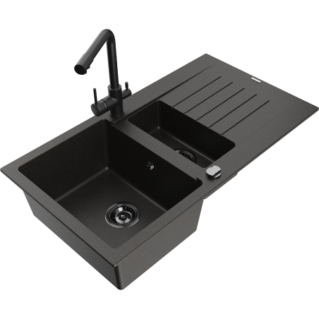 Mexen Matias fregadero de granito de 1,5 tazones con escurridor y grifo de cocina Duero, negro/dorado - 6502-75-671600-70-B