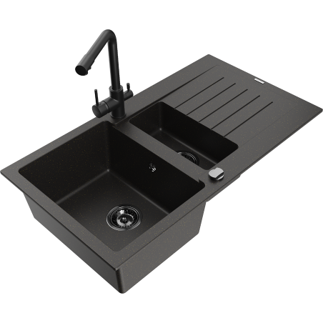 Mexen Matias lavello in granito 1,5 vasche con sgocciolatoio e rubinetto cucina Duero, nero/oro - 6502-75-671600-70-B