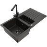 Mexen Matias fregadero de granito de 1,5 tazones con escurridor y grifo de cocina Duero, negro/dorado - 6502-75-671600-70-B