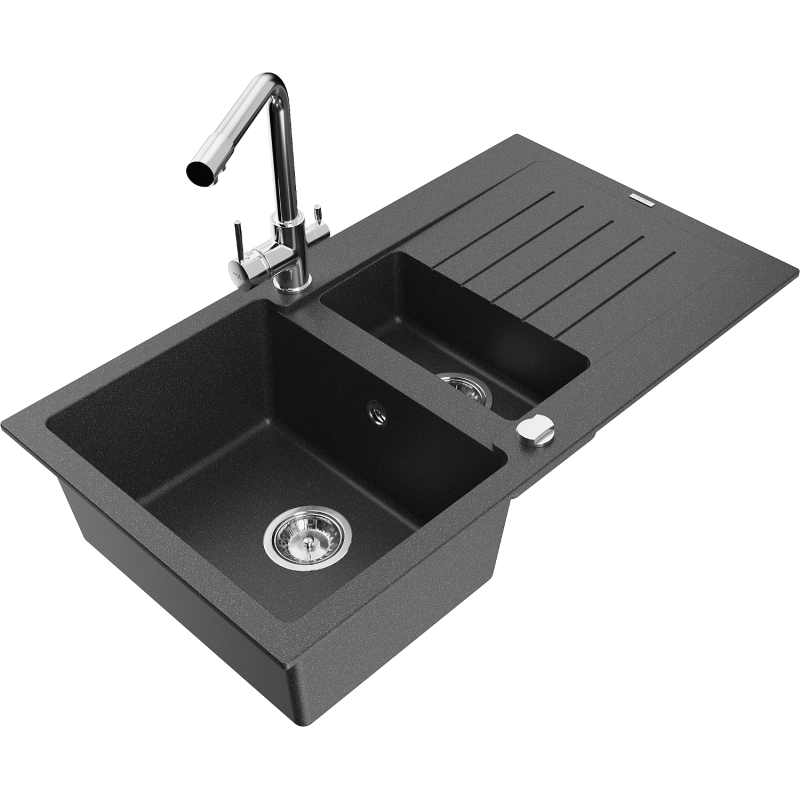 Mexen Matias granitdiskho med 1,5 fack med avrinningsplatta och kökskran Duero, svart spräcklig - 6502-76-671600-00