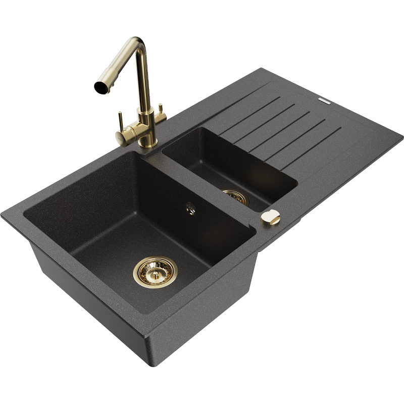 Mexen Matias lava-louça de granito 1,5-cuba com escorredor e torneira de cozinha Duero, preto salpicado - 6502-76-671600-50