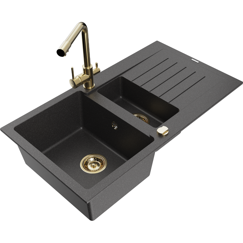 Mexen Matias lavello in granito 1,5 vasca con scolapiatti e rubinetto da cucina Duero, nero maculato - 6502-76-671600-50
