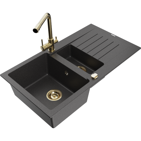 Mexen Matias granite sink 1.5-bowl with draining board and Duero kitchen tap, speckled black - 6502-76-671600-50