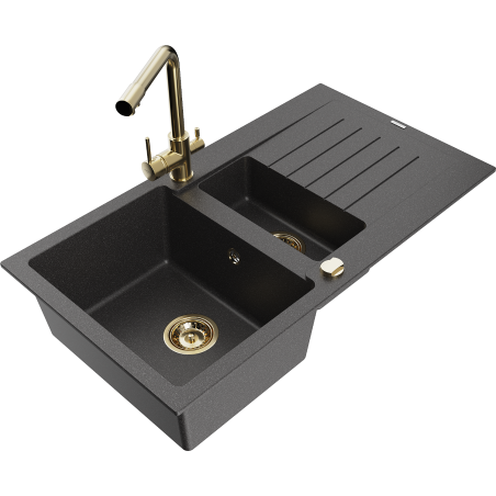 Mexen Matias granitizlietne 1,5 nodalījumu ar novietošanas vietu un virtuves krānu Duero, melni plankumaina