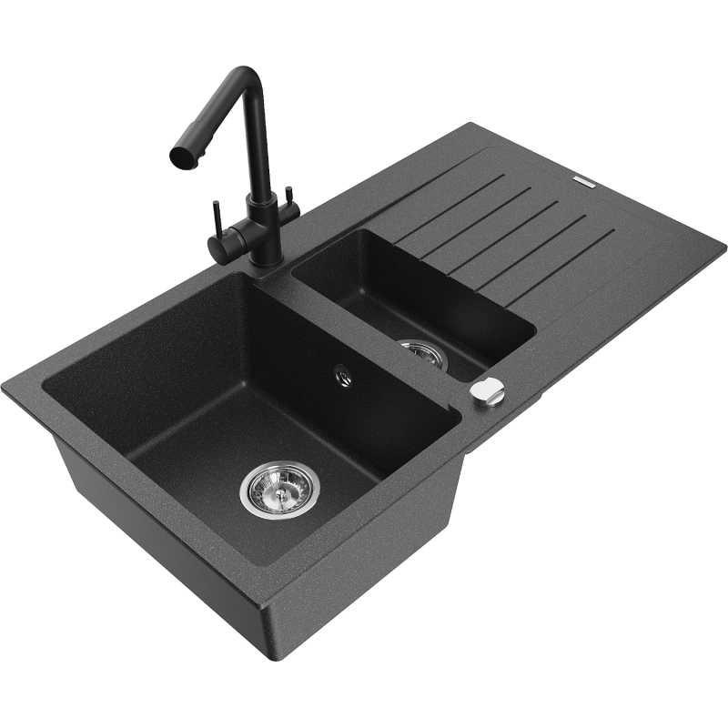 Mexen Matias lava-loiça em granito 1,5-cuba com escorredor e torneira de cozinha Duero, preto salpicado - 6502-76-671600-70