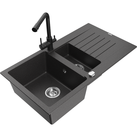 Mexen Matias fregadero de granito de 1,5 senos con escurridor y grifo de cocina Duero, negro moteado - 6502-76-671600-70