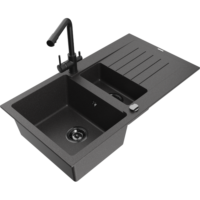 Mexen Matias fregadero de granito de 1,5 senos con escurridor y grifo de cocina Duero, negro moteado - 6502-76-671600-70-B