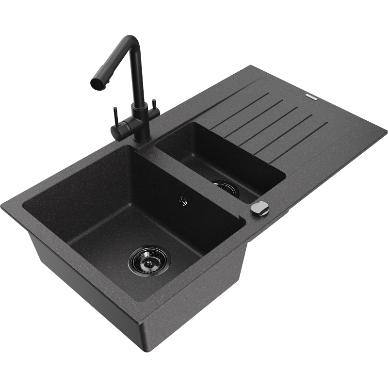 Mexen Matias granitëm Spullbak 1,5-Kummer mat Ofwand a Kichenkran Duero, schwaarz gesprenkelt - 6502-76-671600-70-B