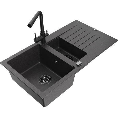 Mexen Matias fregadero de granito de 1,5 senos con escurridor y grifo de cocina Duero, negro moteado - 6502-76-671600-70-B