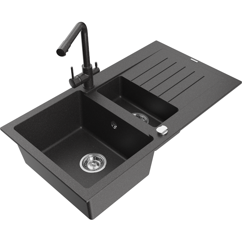 Mexen Matias granite sink 1.5-bowl with drainer and Duero kitchen tap, black speckled - 6502-76-671600-76