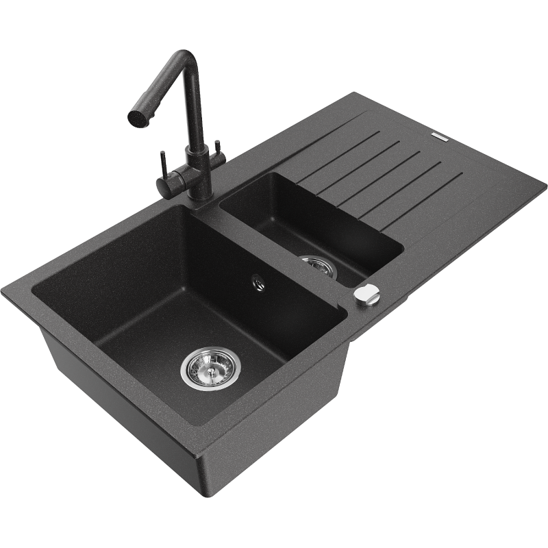 Mexen Matias lavello in granito 1,5 vasche con scolapiatti e rubinetto cucina Duero, nero punteggiato - 6502-76-671600-76