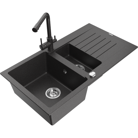 Mexen Matias fregadero de granito de 1,5 senos con escurridor y grifo de cocina Duero, negro moteado - 6502-76-671600-76