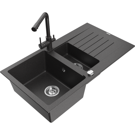 Mexen Matias granit diskho med 1,5 hoar och avloppsbricka och köksblandare Duero, svart med fläckar - 6502-76-671600-76