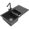 Mexen Matias fregadero de granito de 1,5 senos con escurridor y grifo de cocina Duero, negro moteado - 6502-76-671600-76