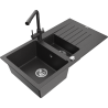 Mexen Matias granite sink 1.5-bowl with drainer and Duero kitchen tap, black speckled - 6502-76-671600-76