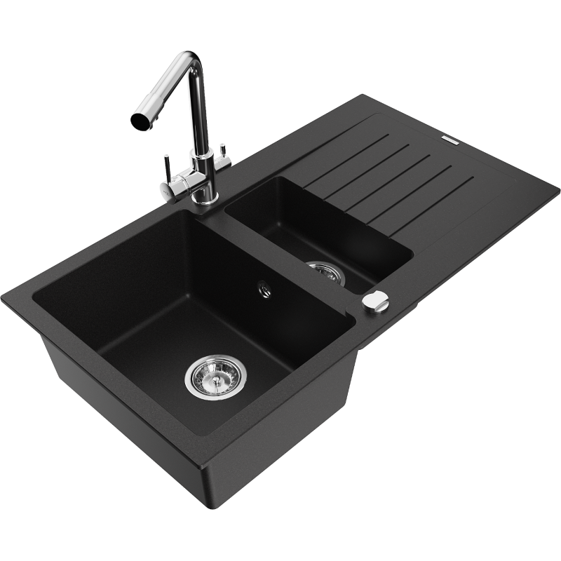 Mexen Matias fregadero de granito 1,5 senos con escurridor y grifo de cocina Duero, negro - 6502-77-671600-00