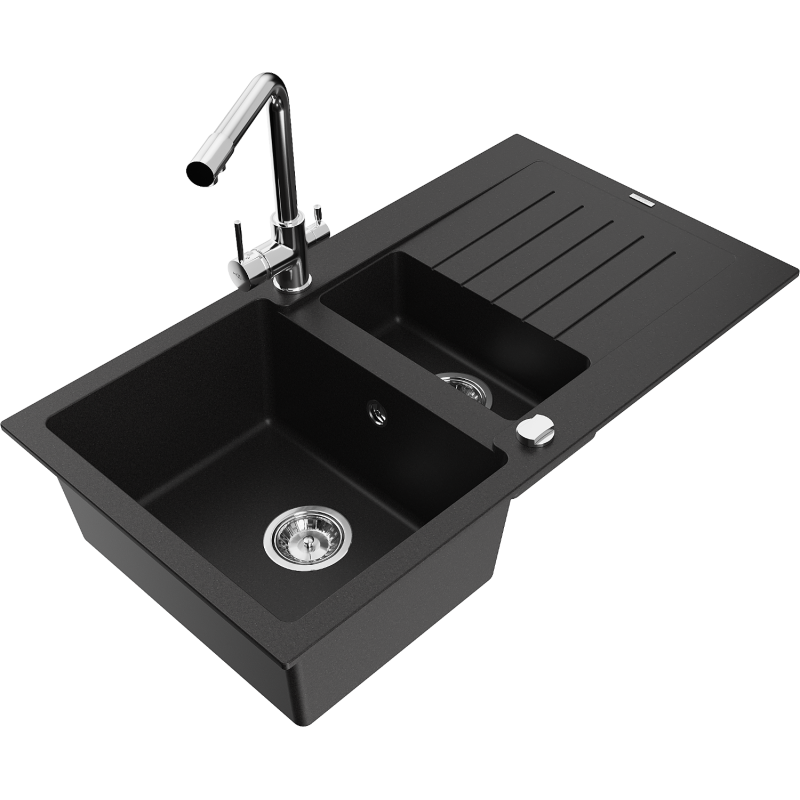 Mexen Matias lava-loiça de granito 1,5-bacia com escorredor e torneira de cozinha Duero, preto - 6502-77-671600-00