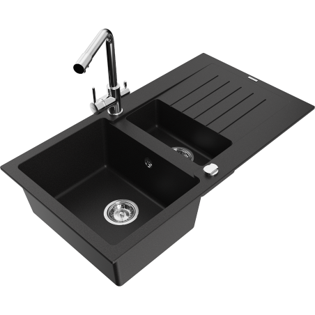 Mexen Matias fregadero de granito 1,5 senos con escurridor y grifo de cocina Duero, negro - 6502-77-671600-00