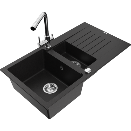 Mexen Matias fregadero de granito de 1,5 senos con escurridor y grifo de cocina Duero, negro - 6502-77-671600-00