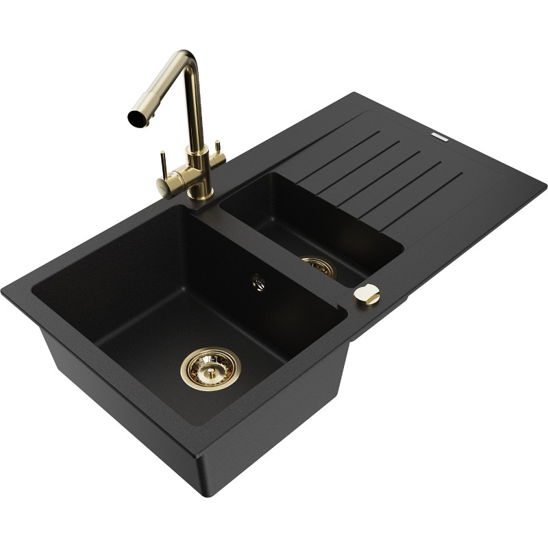 Mexen Matias fregadero de granito 1,5 cubetas con escurridor y grifo de cocina Duero, negro - 6502-77-671600-50