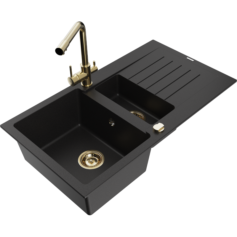Mexen Matias lavello in granito 1,5 vasca con sgocciolatoio e rubinetto da cucina Duero, nero - 6502-77-671600-50