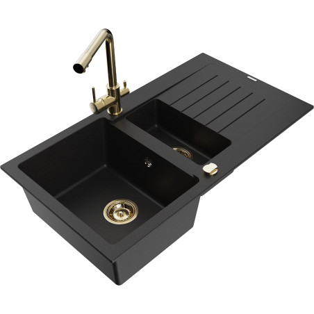 Mexen Matias granite sink 1.5-bowl with drainer and Duero kitchen tap, black - 6502-77-671600-50
