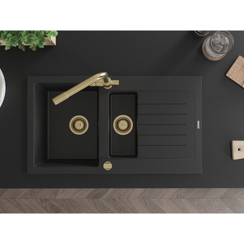 Mexen Matias granite sink 1.5-bowl with drainer and Duero kitchen tap, black - 6502-77-671600-50