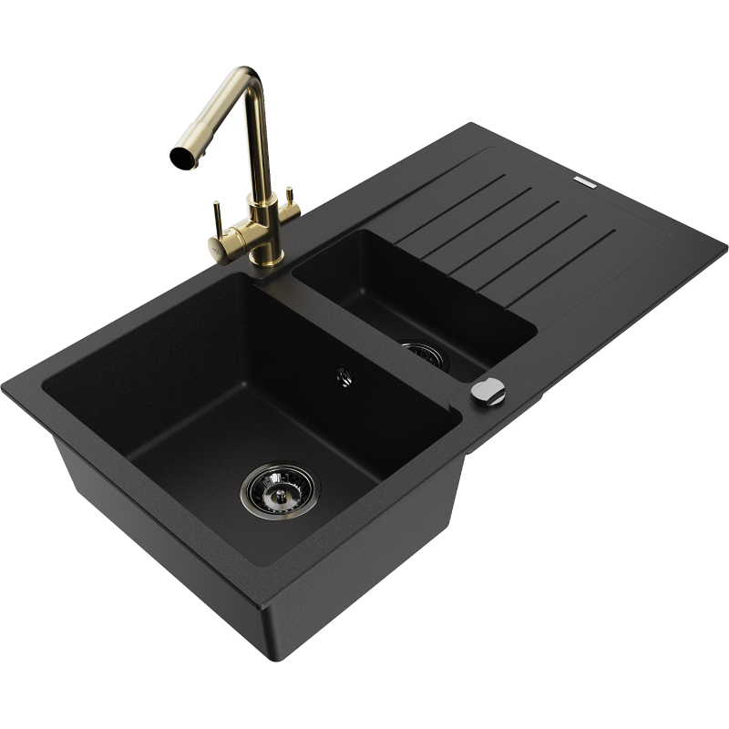 Mexen Matias granite sink 1.5-bowl with drainer and Duero kitchen tap, black - 6502-77-671600-50-B