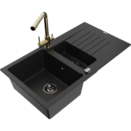 Mexen Matias fregadero de granito de 1,5 tazones con escurridor y grifo de cocina Duero, negro - 6502-77-671600-50-B