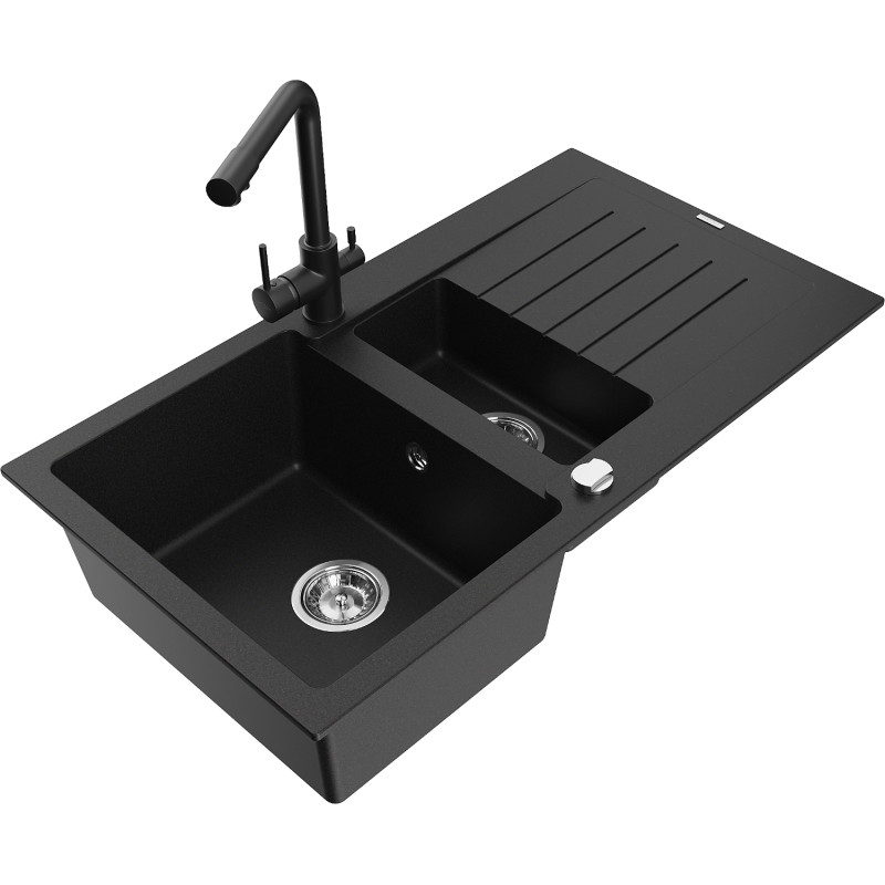 Mexen Matias fregadero de cocina 1,5 senos de granito con escurridor y grifo, Duero, negro - 6502-77-671600-70