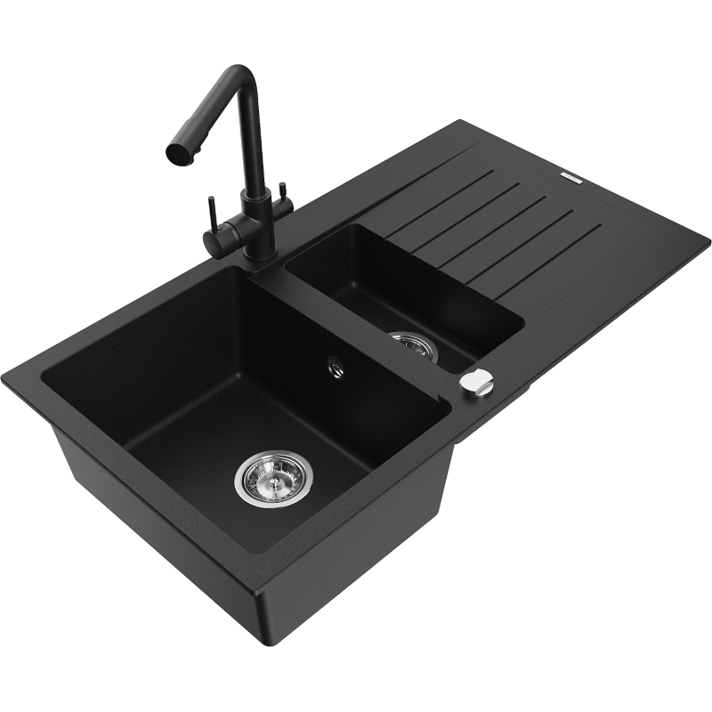 Mexen Matias fregadero de granito 1,5 cubetas con escurridor y grifo de cocina Duero, negro - 6502-77-671600-70
