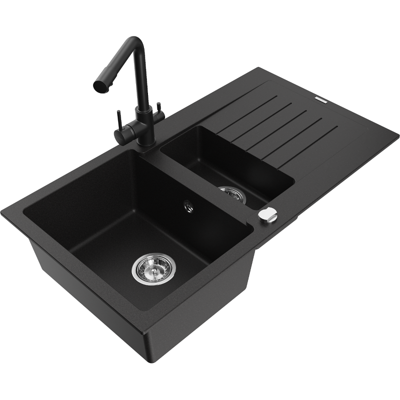 Mexen Matias granite sink 1.5-bowl with drainer and Duero kitchen tap, black - 6502-77-671600-70